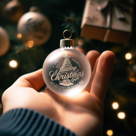 Christmas glass ball in a woman's hand against the background of a Christmas tree.の素材