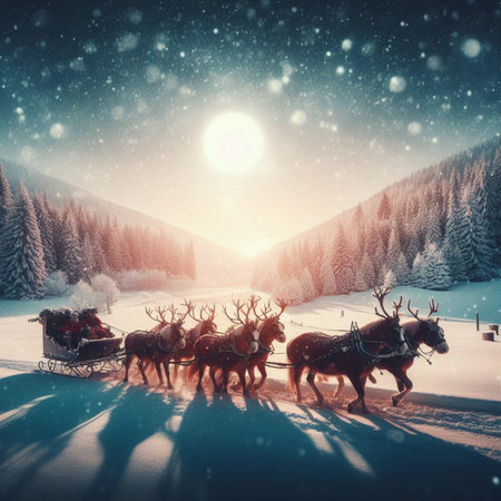 Santa Claus in his sleigh with reindeers against the background of a winter landscape.の素材