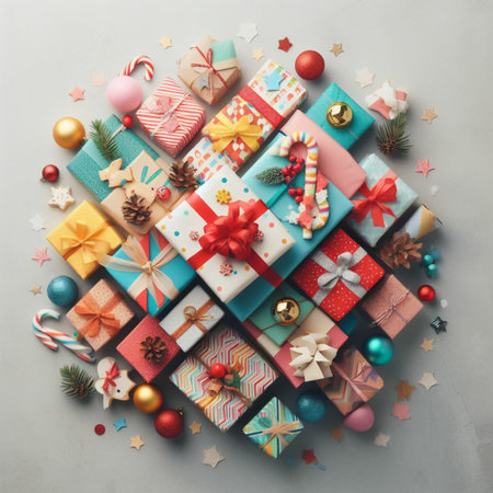 Christmas and New Year background with colorful gifts and ornaments. Top viewの素材