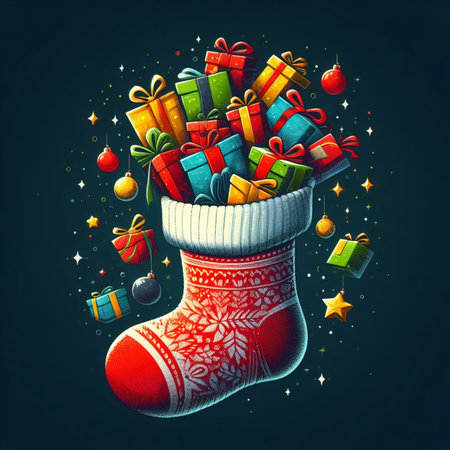 Christmas sock full of gifts on a dark background. Vector illustration.の素材
