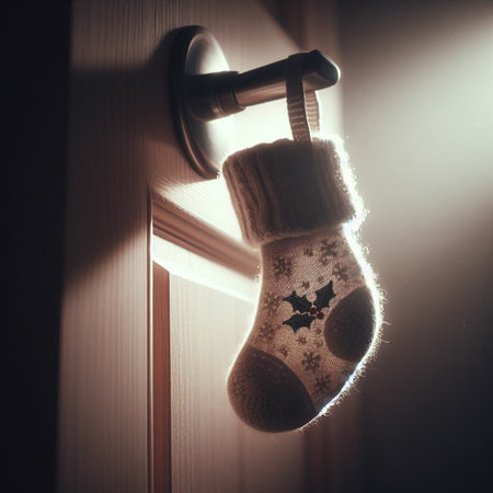 Christmas stocking hanging on the door knob. Vintage style toned pictureの素材