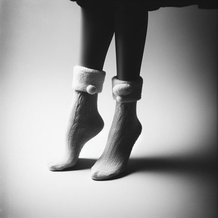 Black and white photo of female feet in socks. Winter fashion.の素材