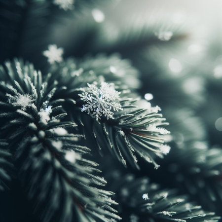 Fir tree branches covered with hoarfrost. Christmas background.の素材