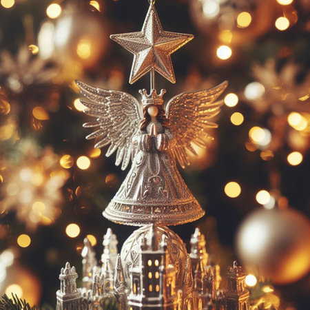 Christmas decoration with star and angel on blurred bokeh background.の素材