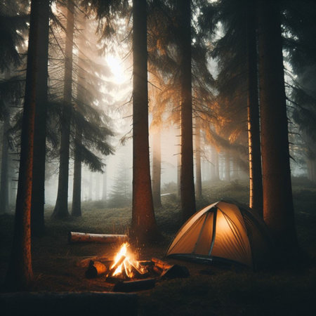 Photo pour Camping in the forest at sunset with a bonfire and tent - image libre de droit