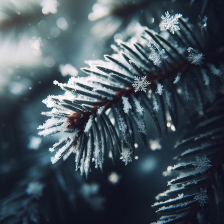 Fir tree branches covered with hoarfrost. Winter background.の素材