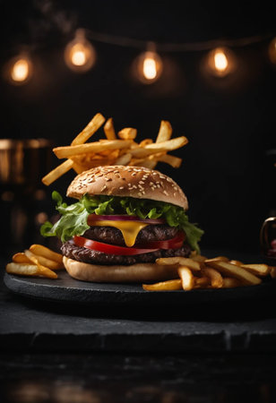 Cheese burger - American cheese burger with Golden French fries on black backgroundの素材