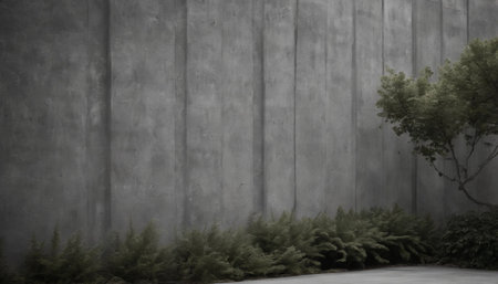 3d render of a concrete wall with a tree in the middleの素材