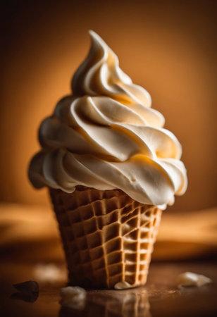 Vanilla ice cream in a waffle cone on a brown backgroundの素材