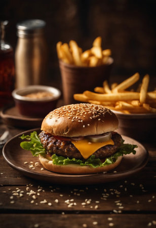 Delicious cheeseburger with french fries on rustic wooden backgroundの素材