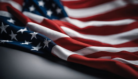 Closeup of American flag on grey background. USA patriotic concept.の素材