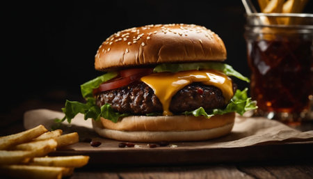 Cheese burger - American cheese burger with Golden French fries on wooden backgroundの素材