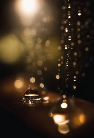 Water drops in a fountain on a dark background. Selective focus.の素材