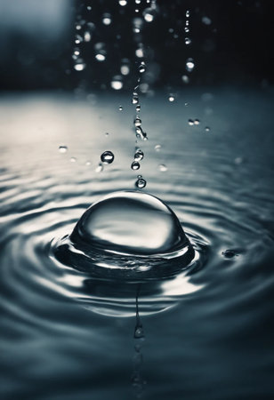 Water drop falling into water with ripples and waves on dark backgroundの素材