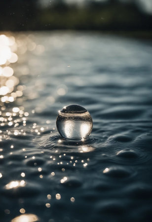 Reflection of the sun in a glass ball on the water surfaceの素材