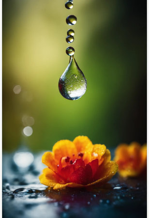 Water drop falling on flower petals with copy space for your textの素材