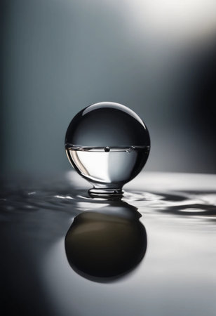 Glass ball on water surface with reflection, shallow depth of field.の素材