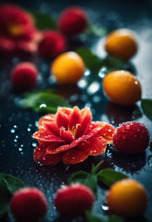 Fresh raspberries and apricots with water drops on black backgroundの素材