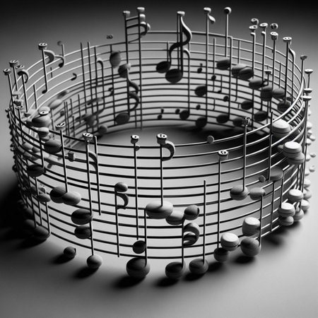 Musical notes on a black and white background. 3D illustration.の素材