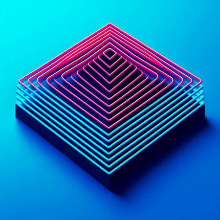 3d rendering of neon geometric shapes in blue and pink colors isolated on blue backgroundの素材