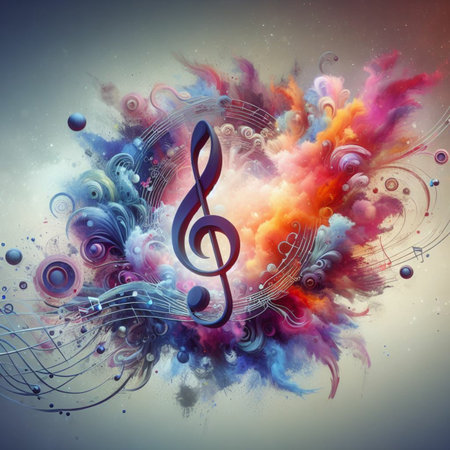 Music background with treble clef and abstract colorful splashes.の素材