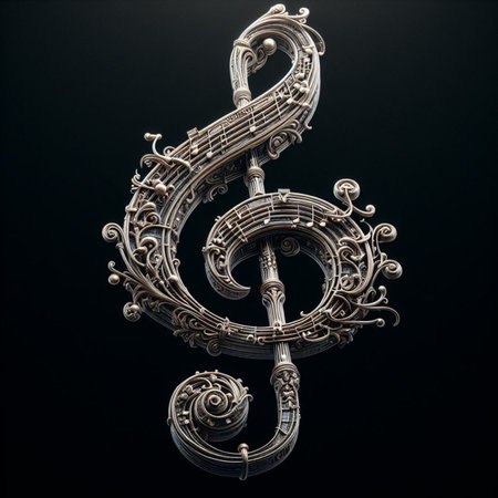 Metal treble clef on a black background. 3d renderingの素材