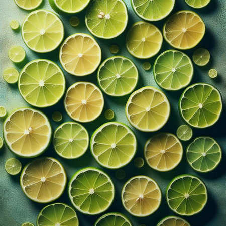 Slices of fresh lime on green background. Top view.の素材