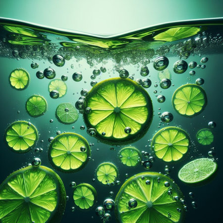 lime slices in water with bubbles on a green background, close-upの素材