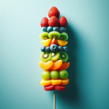 Fruit lollipop on blue background. Top view with copy spaceの素材