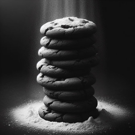 Chocolate chip cookies with powdered sugar on dark background. Toned.の素材