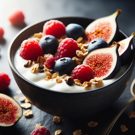 Greek yogurt with granola, fresh figs, blueberries and raspberries. Healthy breakfast.の素材
