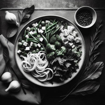 Vegetable salad on a plate. Black and white photo.の素材