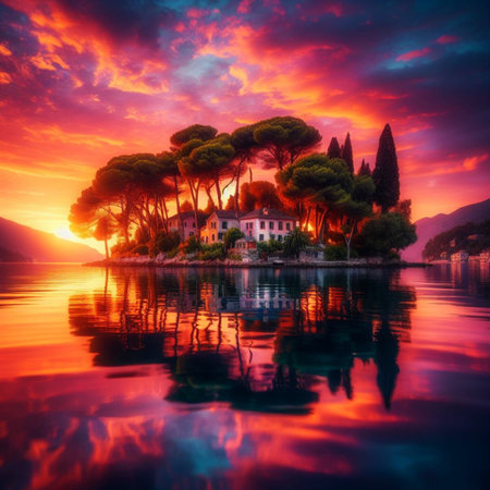 Sunset on the lake Garda in Italy. Colorful summer landscape.の素材