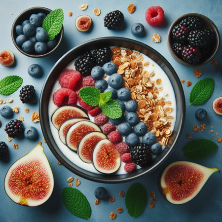 Tasty yogurt with berries and granola in bowl on table, top viewの素材