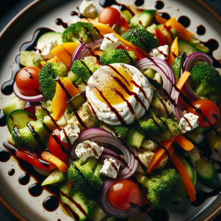 Vegetable salad with mozzarella cheese and fresh vegetables on plateの素材