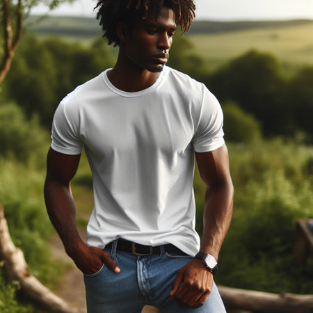 Portrait of a handsome African American man wearing white t-shirt and jeans on nature background.の素材