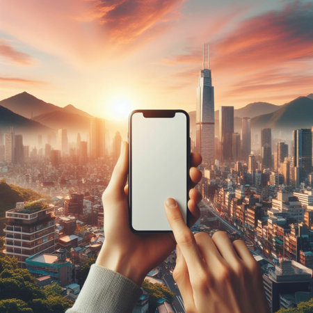 Smart phone with blank screen in hand and cityscape background at sunsetの素材