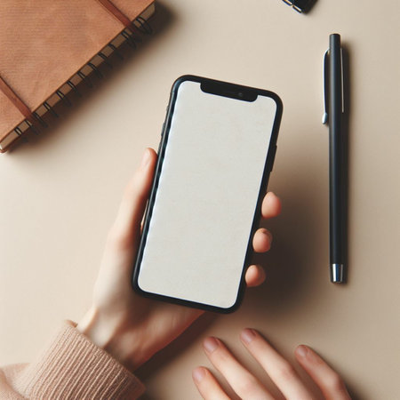 Top view of female hands holding smartphone with blank screen and stationery on beige backgroundの素材