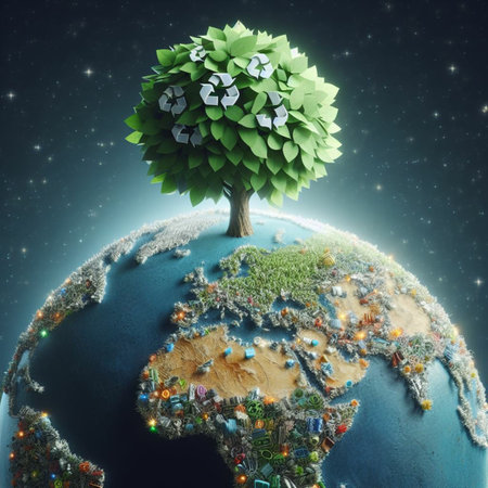 Ecology concept. Earth planet with tree made of paper. 3D renderingの素材