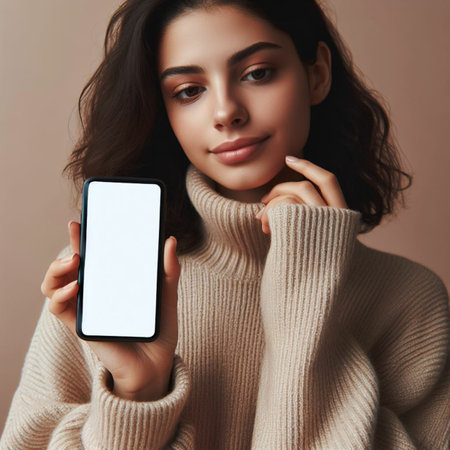 Portrait of a beautiful brunette girl in a beige sweater holding a smartphone with a white screen in her hands.の素材