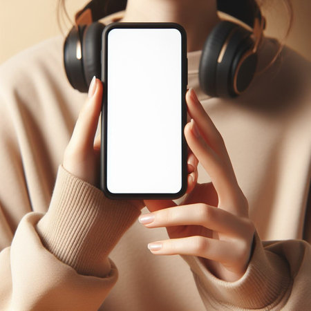 Smartphone mockup in the hands of a girl in headphones.の素材