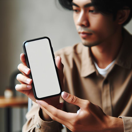 Man using smartphone with blank screen. Mockup for your design.の素材