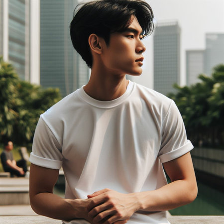 Handsome asian man in white t-shirt posing in the cityの素材