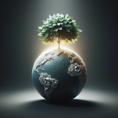 Conceptual image with green tree growing on planet Earth. 3D renderingの素材