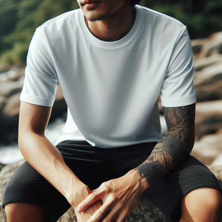 Handsome man in white t-shirt and black pants sitting on rock and meditatingの素材