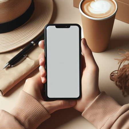 Female hands holding smartphone with blank screen and coffee cup on beige backgroundの素材