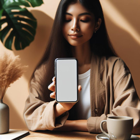 attractive young asian woman showing smartphone with blank screen in cafeの素材