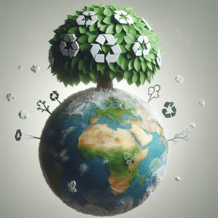 Conceptual image of environmental conservation. Earth planet with green tree.の素材