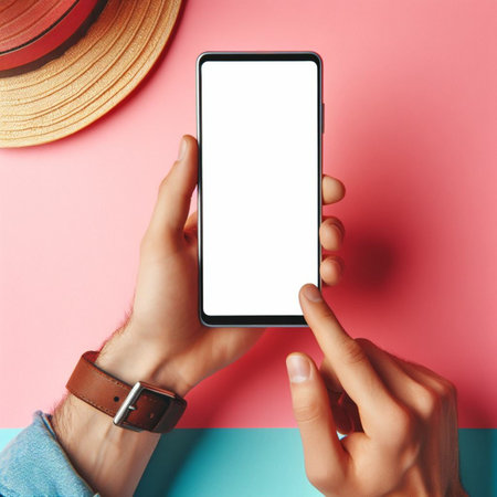 Mockup image of male hands holding smartphone with blank screen on pink and blue backgroundの素材
