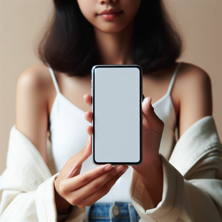 Closeup of young woman holding smartphone with blank screen. Mockupの素材